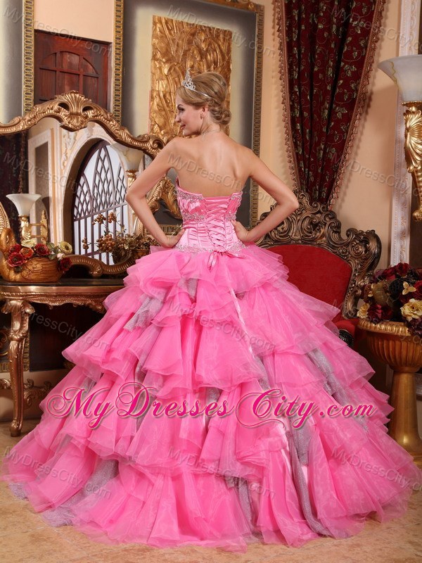 Rose Pink Ruffled Layers Organza Appliques Quinceanera Dress