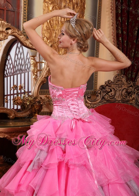 Rose Pink Ruffled Layers Organza Appliques Quinceanera Dress