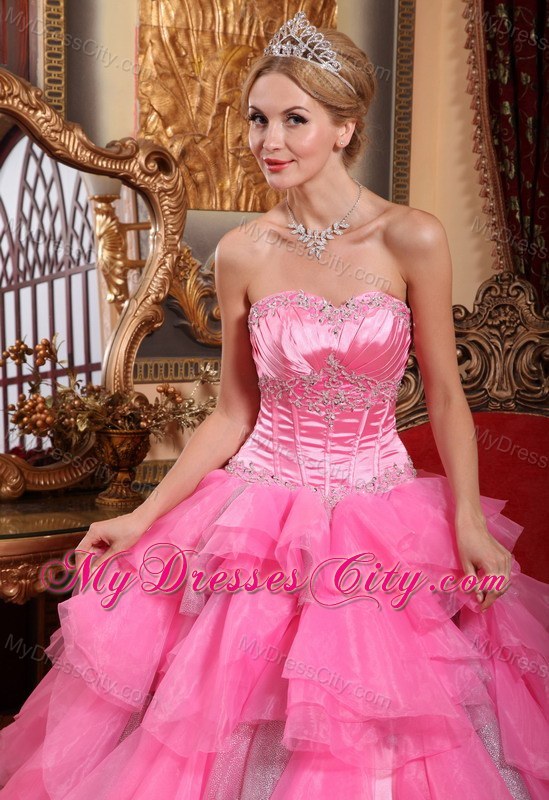 Rose Pink Ruffled Layers Organza Appliques Quinceanera Dress