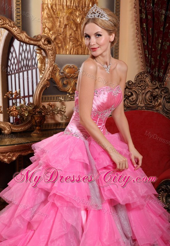 Rose Pink Ruffled Layers Organza Appliques Quinceanera Dress