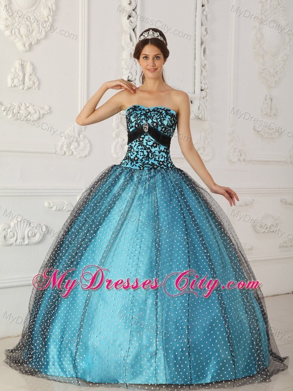 Black and Blue Appliques Strapless Special Fabric Quinceanera Dress