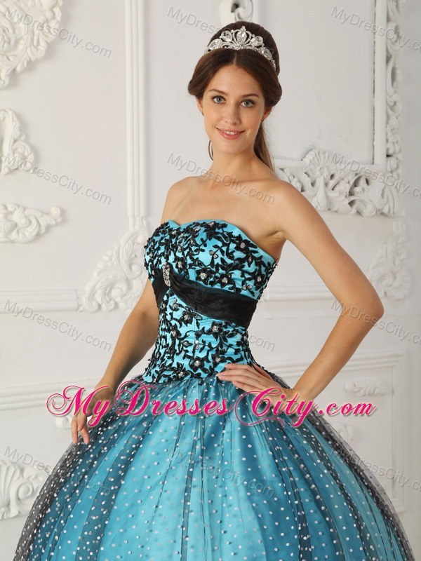 Black and Blue Appliques Strapless Special Fabric Quinceanera Dress