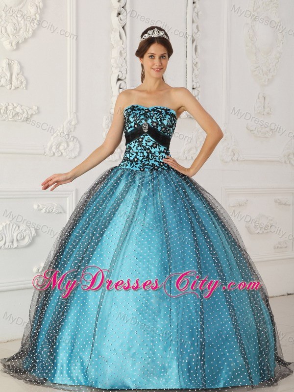 Black and Blue Appliques Strapless Special Fabric Quinceanera Dress