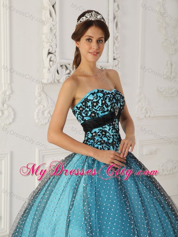 Black and Blue Appliques Strapless Special Fabric Quinceanera Dress