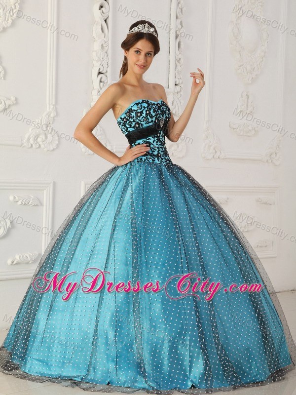 Black and Blue Appliques Strapless Special Fabric Quinceanera Dress