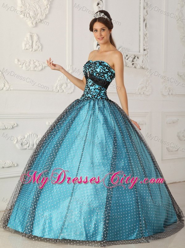 Black and Blue Appliques Strapless Special Fabric Quinceanera Dress