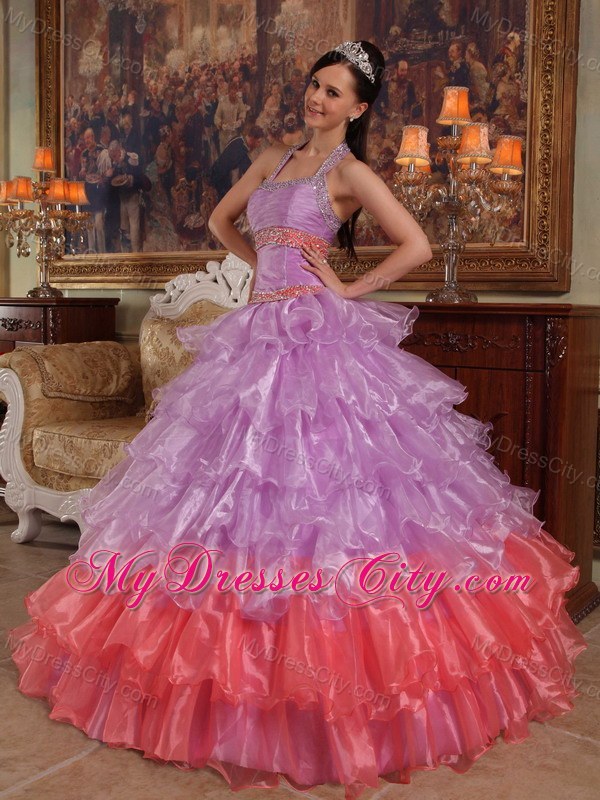 Two-toned Organza Halter Dress For Sweet 15 with Ruffled Layers