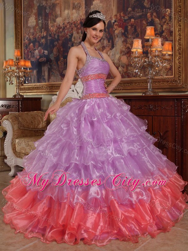 Two-toned Organza Halter Dress For Sweet 15 with Ruffled Layers