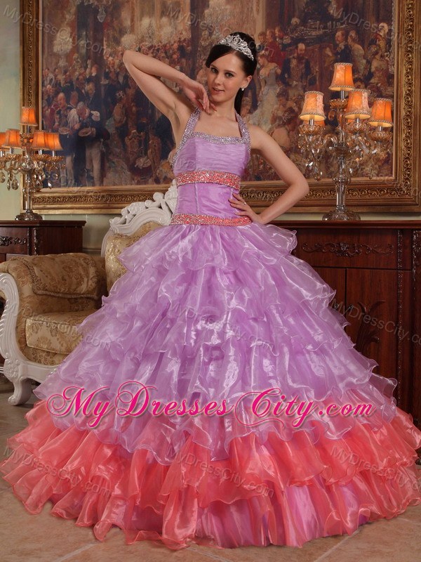 Two-toned Organza Halter Dress For Sweet 15 with Ruffled Layers