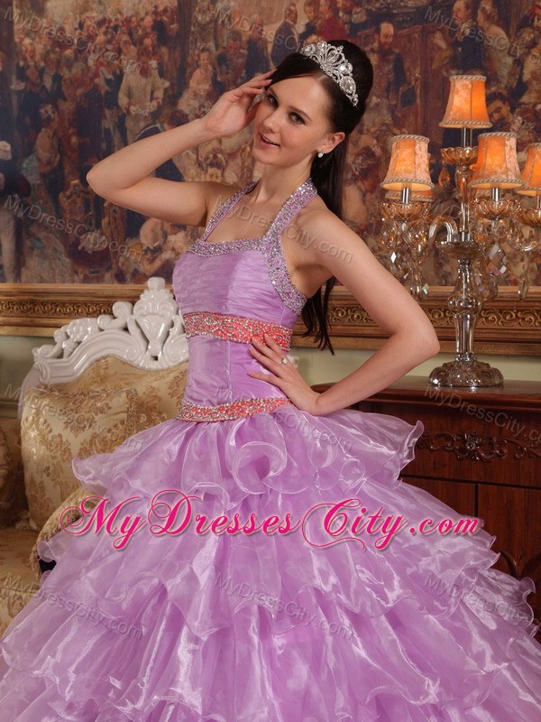 Two-toned Organza Halter Dress For Sweet 15 with Ruffled Layers