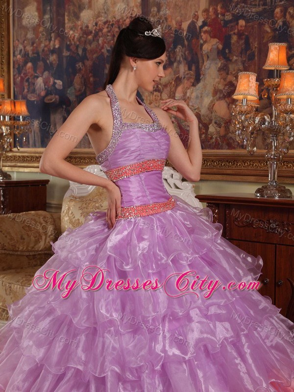 Two-toned Organza Halter Dress For Sweet 15 with Ruffled Layers