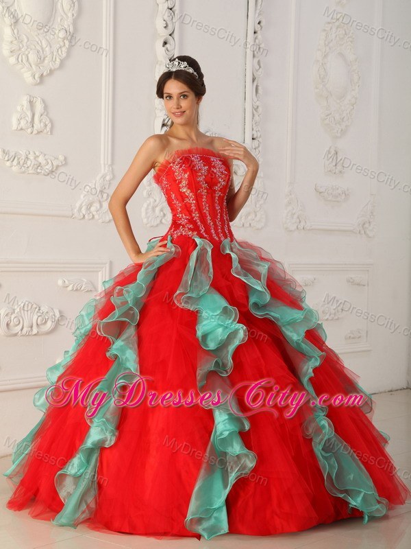 Fashion Red and Green Organza Ruffles Sweet 15 Dress