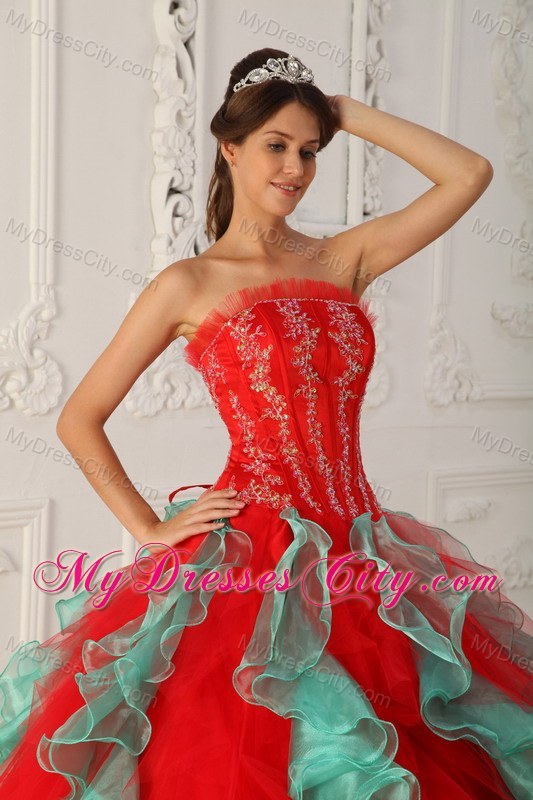 Fashion Red and Green Organza Ruffles Sweet 15 Dress