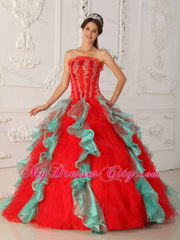 Fashion Red and Green Organza Ruffles Sweet 15 Dress