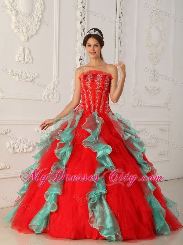 Fashion Red and Green Organza Ruffles Sweet 15 Dress