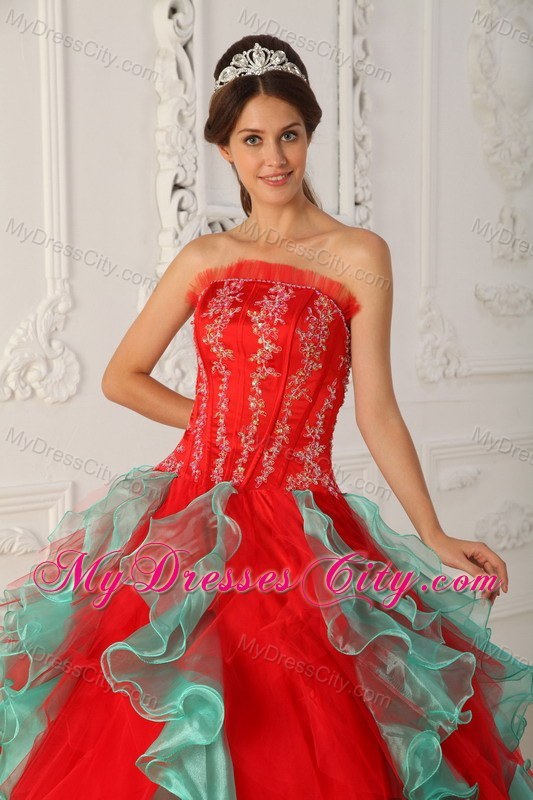 Fashion Red and Green Organza Ruffles Sweet 15 Dress