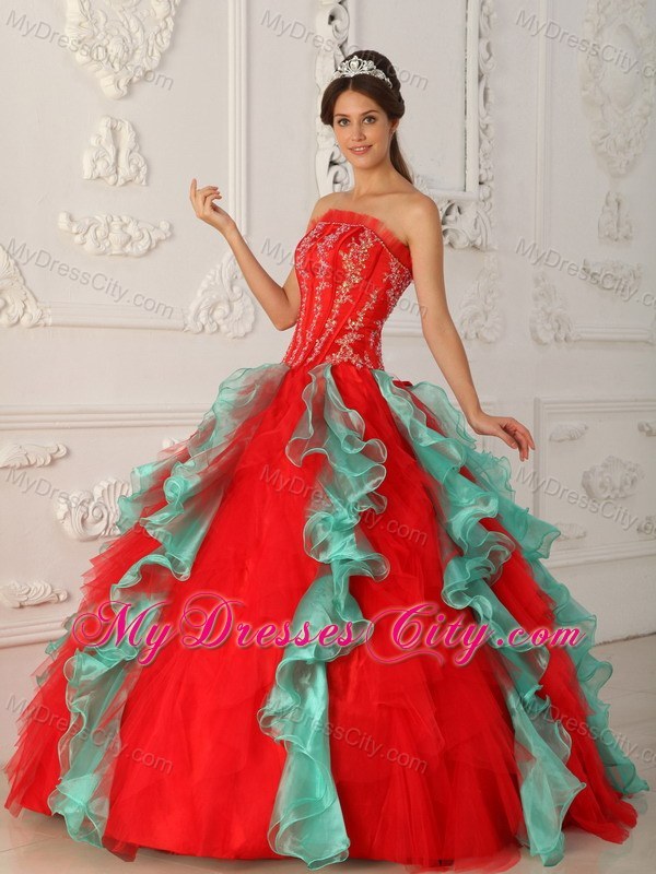 Fashion Red and Green Organza Ruffles Sweet 15 Dress