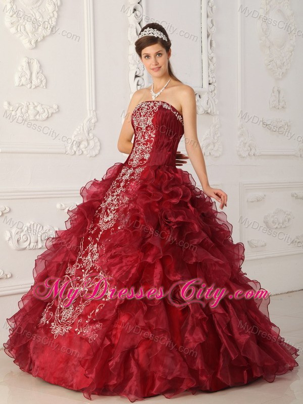 Wonderful Wine Red Organza Appliques Ruffles Quinceanera Dress