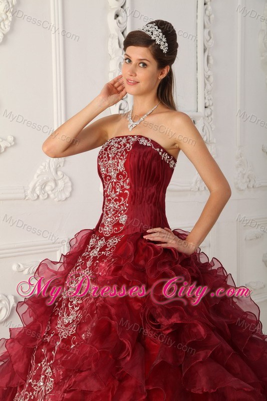 Wonderful Wine Red Organza Appliques Ruffles Quinceanera Dress