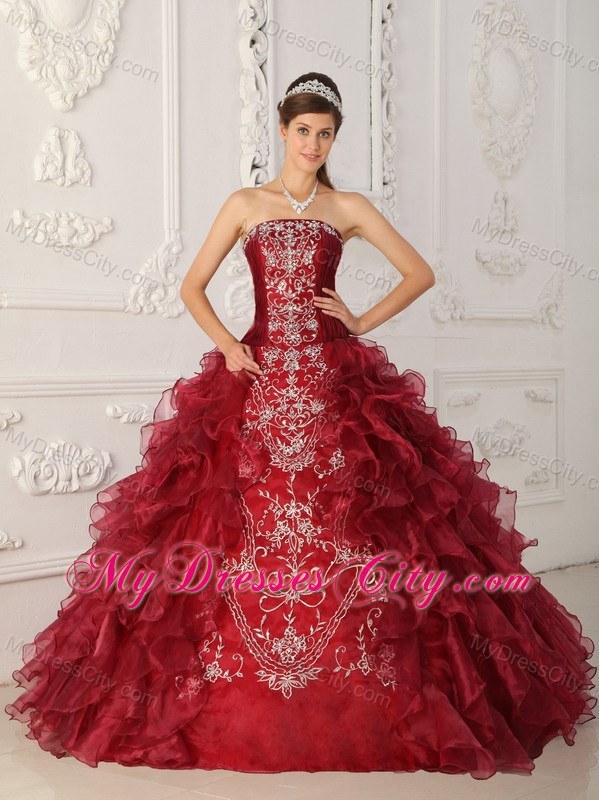 Wonderful Wine Red Organza Appliques Ruffles Quinceanera Dress