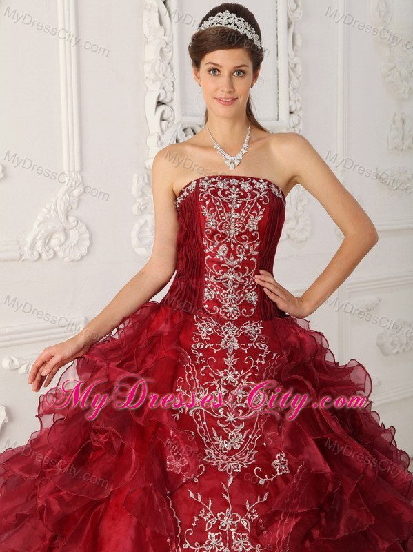 Wonderful Wine Red Organza Appliques Ruffles Quinceanera Dress