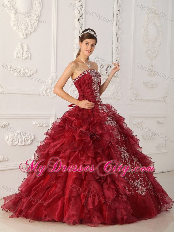 Wonderful Wine Red Organza Appliques Ruffles Quinceanera Dress