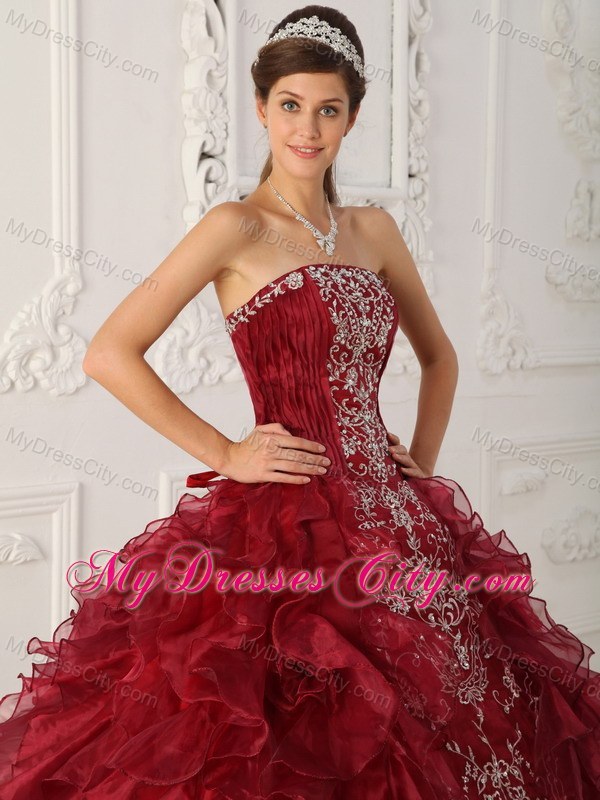 Wonderful Wine Red Organza Appliques Ruffles Quinceanera Dress