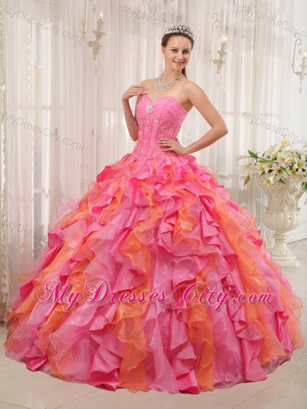 pretty Multi-color Sweetheart Dress For Sweet 15 with Ruffles Organza