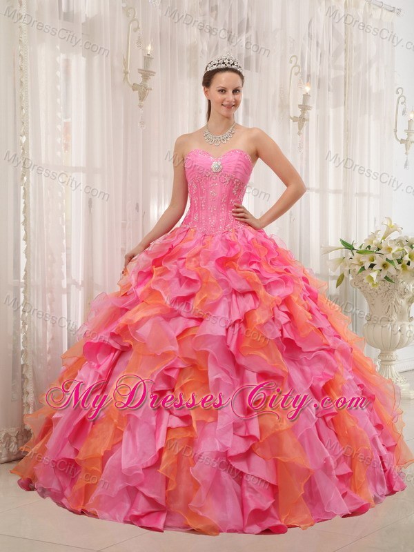 pretty Multi-color Sweetheart Dress For Sweet 15 with Ruffles Organza