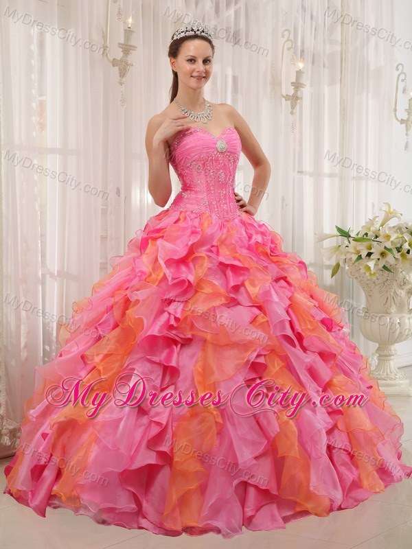 pretty Multi-color Sweetheart Dress For Sweet 15 with Ruffles Organza