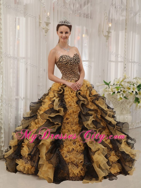 Luxurious Multi-color Sweetheart Ruffles Leopard Sweet 15 Dress