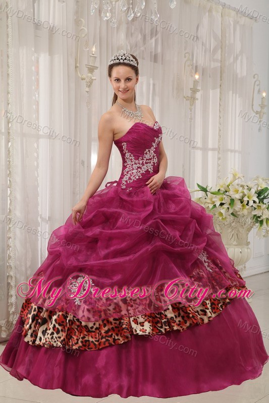 Burgundy Sweetheart Leopard Appliques Quinceanera Dress 2013