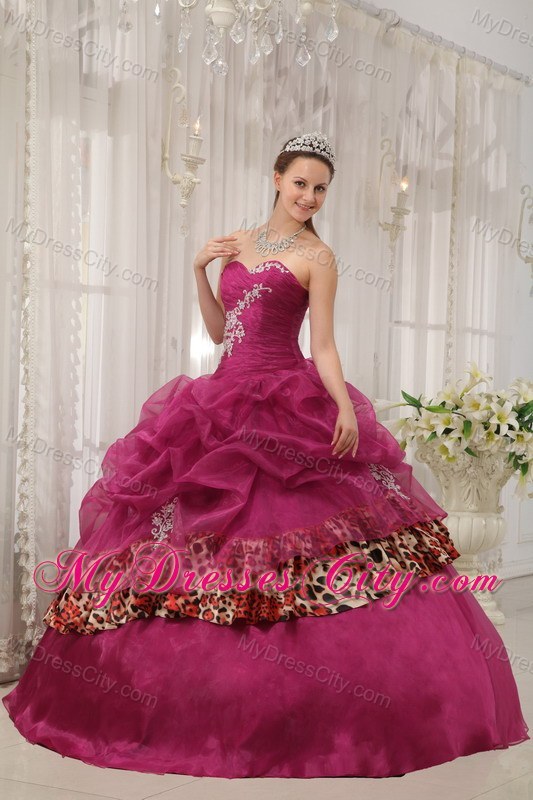 Burgundy Sweetheart Leopard Appliques Quinceanera Dress 2013