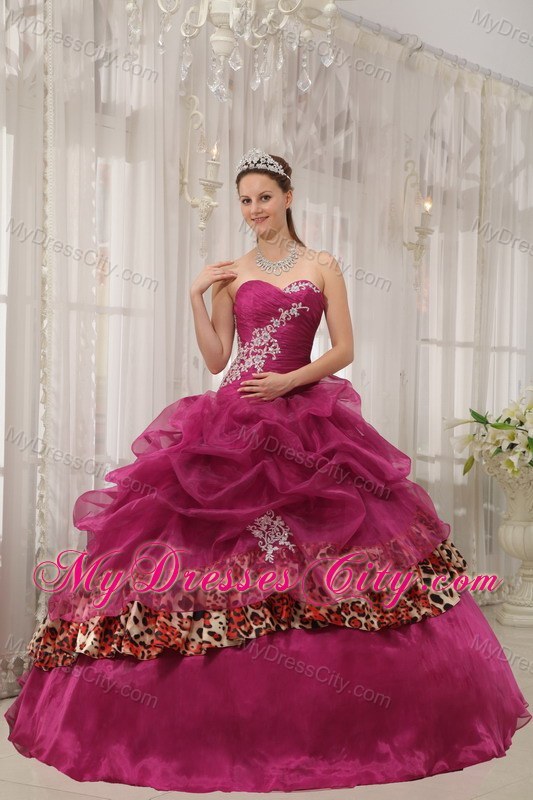 Burgundy Sweetheart Leopard Appliques Quinceanera Dress 2013