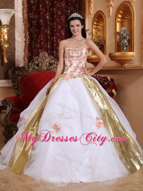 White Strapless Organza Beading and Appliques Quinceanera Dress