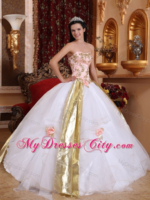 White Strapless Organza Beading and Appliques Quinceanera Dress