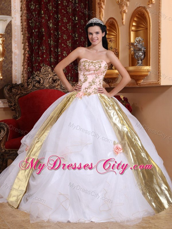 White Strapless Organza Beading and Appliques Quinceanera Dress