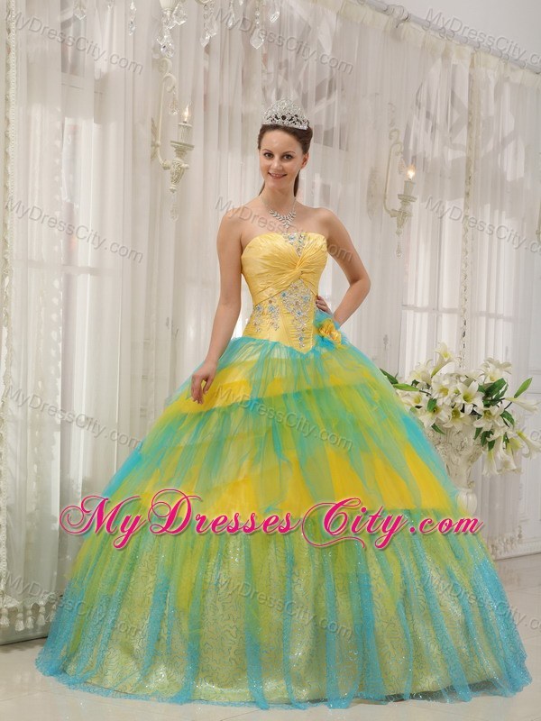 Yellow and Blue Tulle Quinceanera Dress with Appliques and Flowers