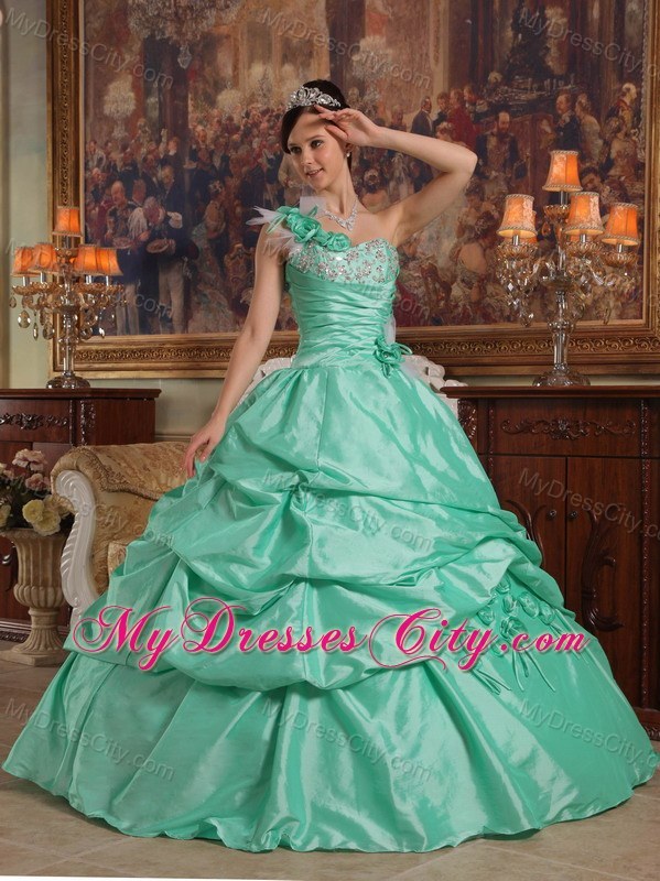 Apple Green Pick-ups Beading and Flowers Quinceanera Dress 2013