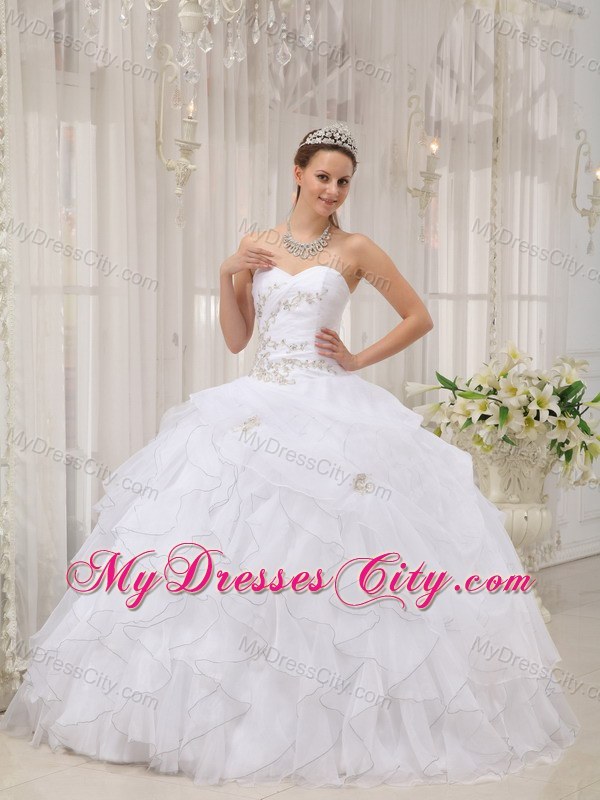 2013 Ruffles Ruffly and Appliques Sweetheart White Sweet 15 Dress