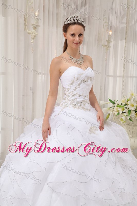 2013 Ruffles Ruffly and Appliques Sweetheart White Sweet 15 Dress