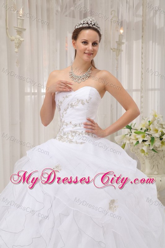 2013 Ruffles Ruffly and Appliques Sweetheart White Sweet 15 Dress