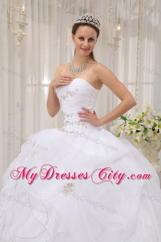 2013 Ruffles Ruffly and Appliques Sweetheart White Sweet 15 Dress