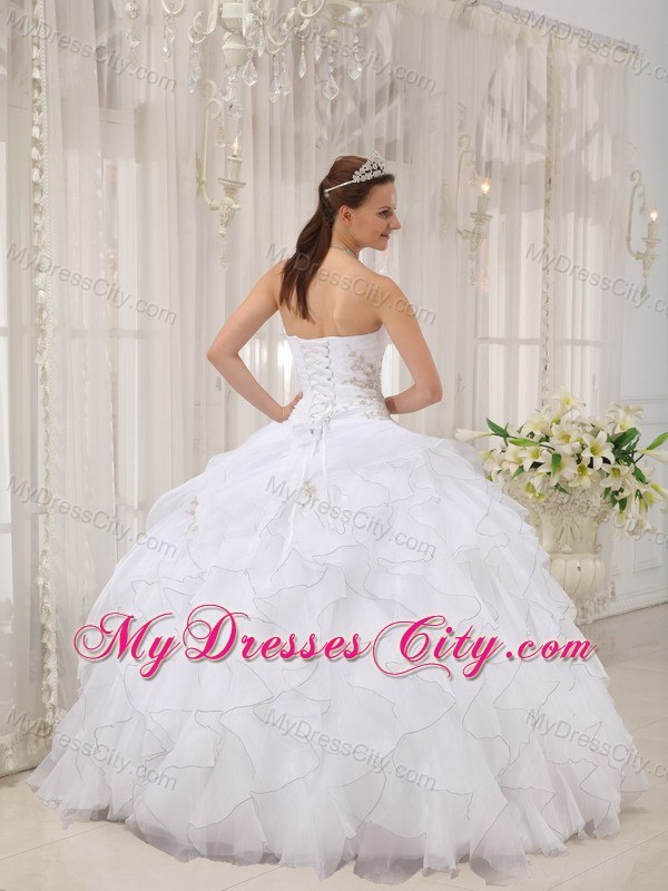 2013 Ruffles Ruffly and Appliques Sweetheart White Sweet 15 Dress