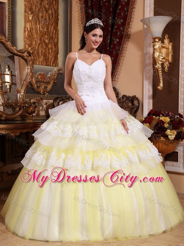 Popular Light Yellow Puffy 2013 Ruffled Layers Lace Sweet 15 Dress