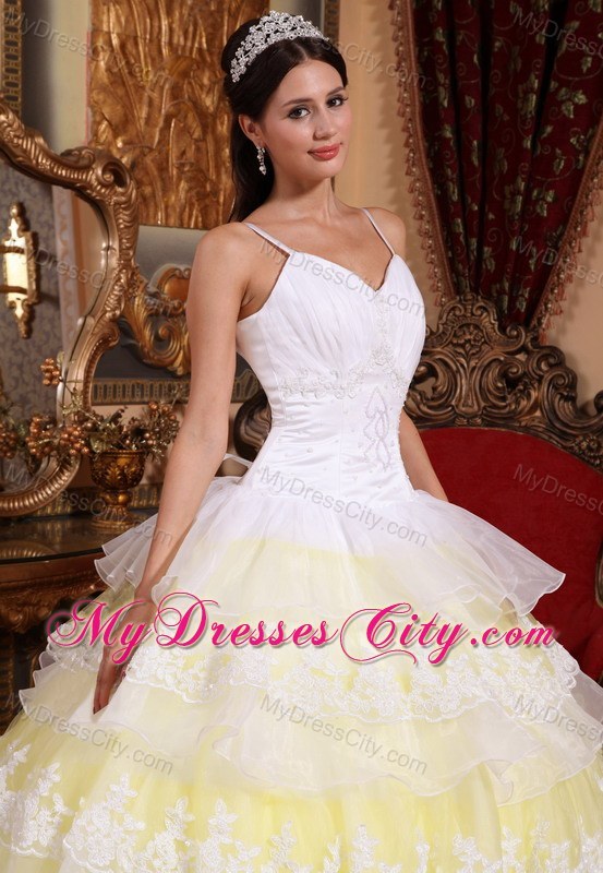 Popular Light Yellow Puffy 2013 Ruffled Layers Lace Sweet 15 Dress