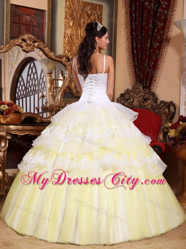 Popular Light Yellow Puffy 2013 Ruffled Layers Lace Sweet 15 Dress