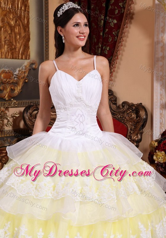 Popular Light Yellow Puffy 2013 Ruffled Layers Lace Sweet 15 Dress