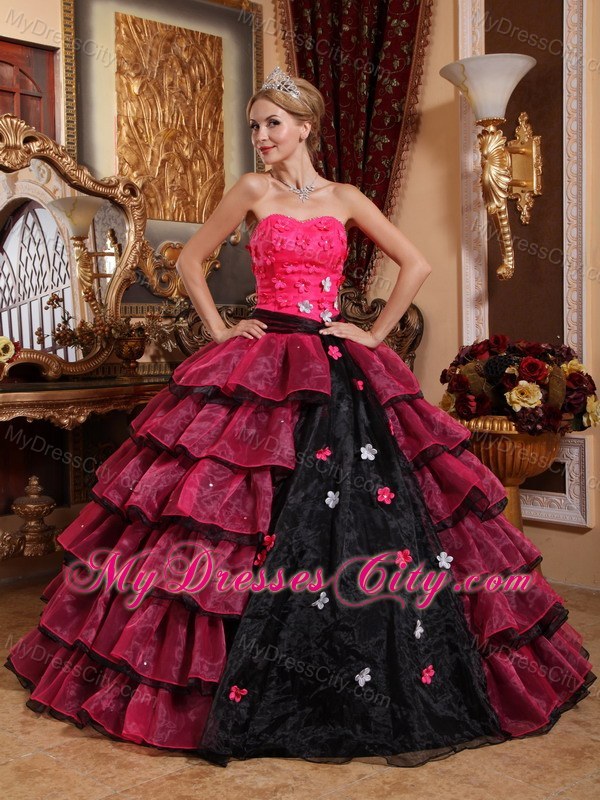 Red and Black Ruffled Layers Appliques Quinceanera Dress 2013