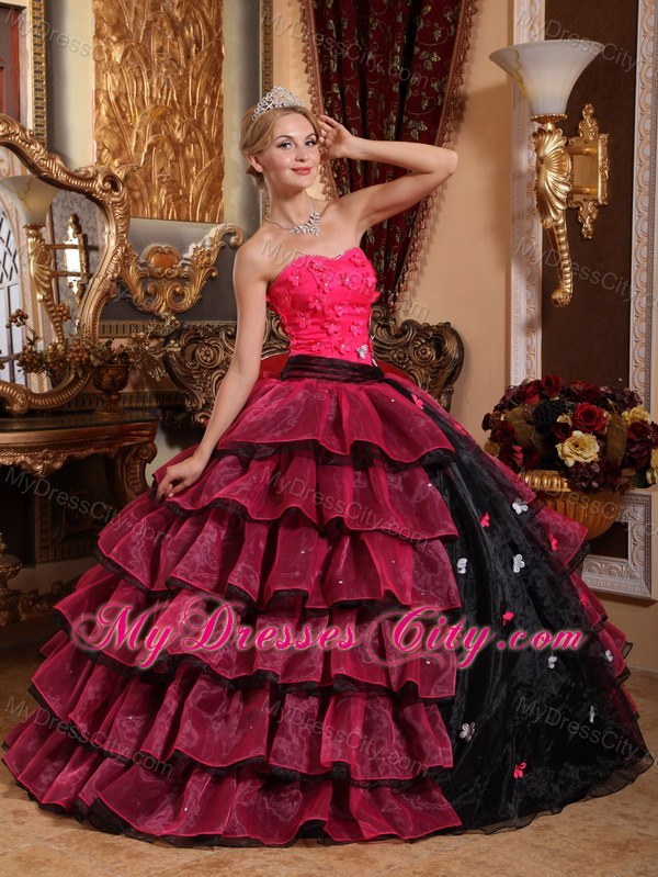 Red and Black Ruffled Layers Appliques Quinceanera Dress 2013